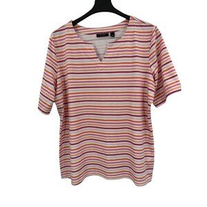 Susan Graver Weekend Womens Pink White Striped V-Neck Top XL Cotton Blend